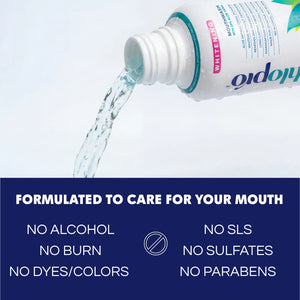 Ahlo Rpo mouthwash being poured with product details on a blue background