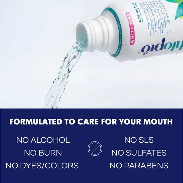 Ahlo Rpo mouthwash being poured with product details on a blue background