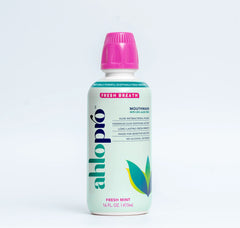 Ahlo Pro mouthwash bottle with pink cap on a light gray background
