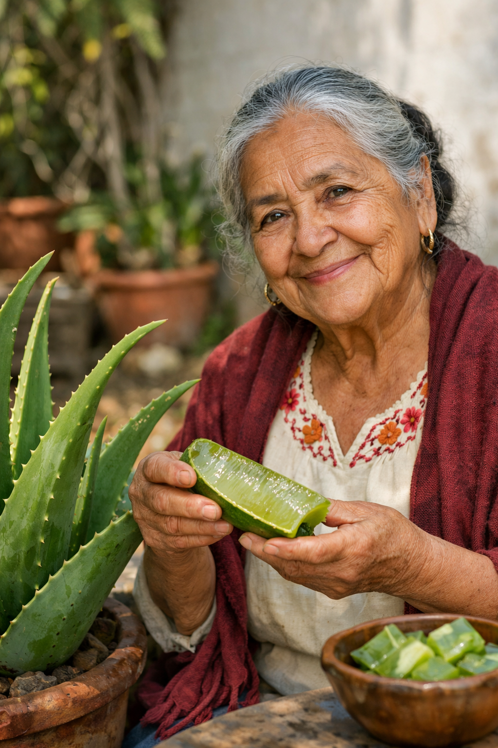 Woman holding a sliced lime next to an aloe vera plant
