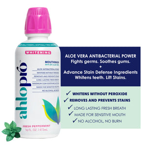 Ahlo Pro mouthwash bottle with product features on a white background