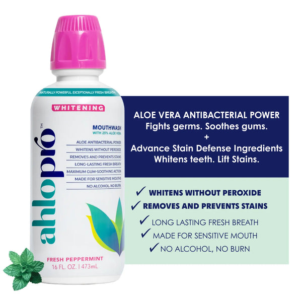Ahlo Pro mouthwash bottle with product features on a white background