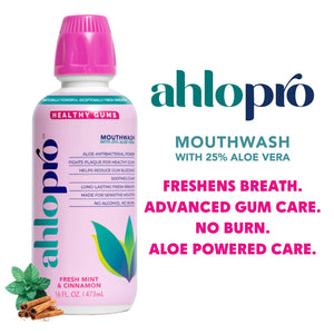 ahlopro mouthwash bottle with product details on a white background