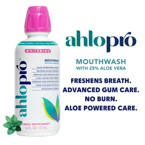 ahlopro mouthwash bottle with product details on a white background