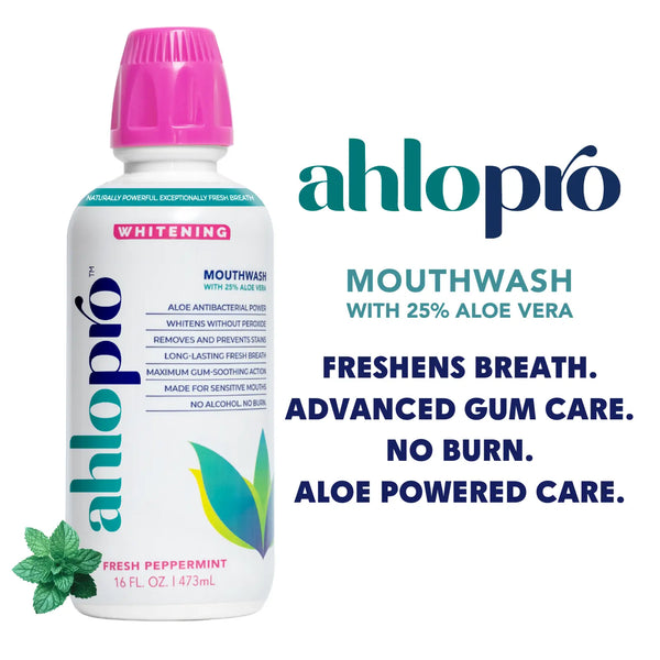 ahlopro mouthwash bottle with product details on a white background
