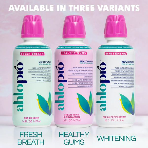 Three bottles of ahlo pro mouthwash with pink caps on a light purple background.