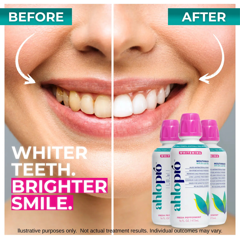 Bottle of Ahlopro mouthwash with a pink cap on a white background