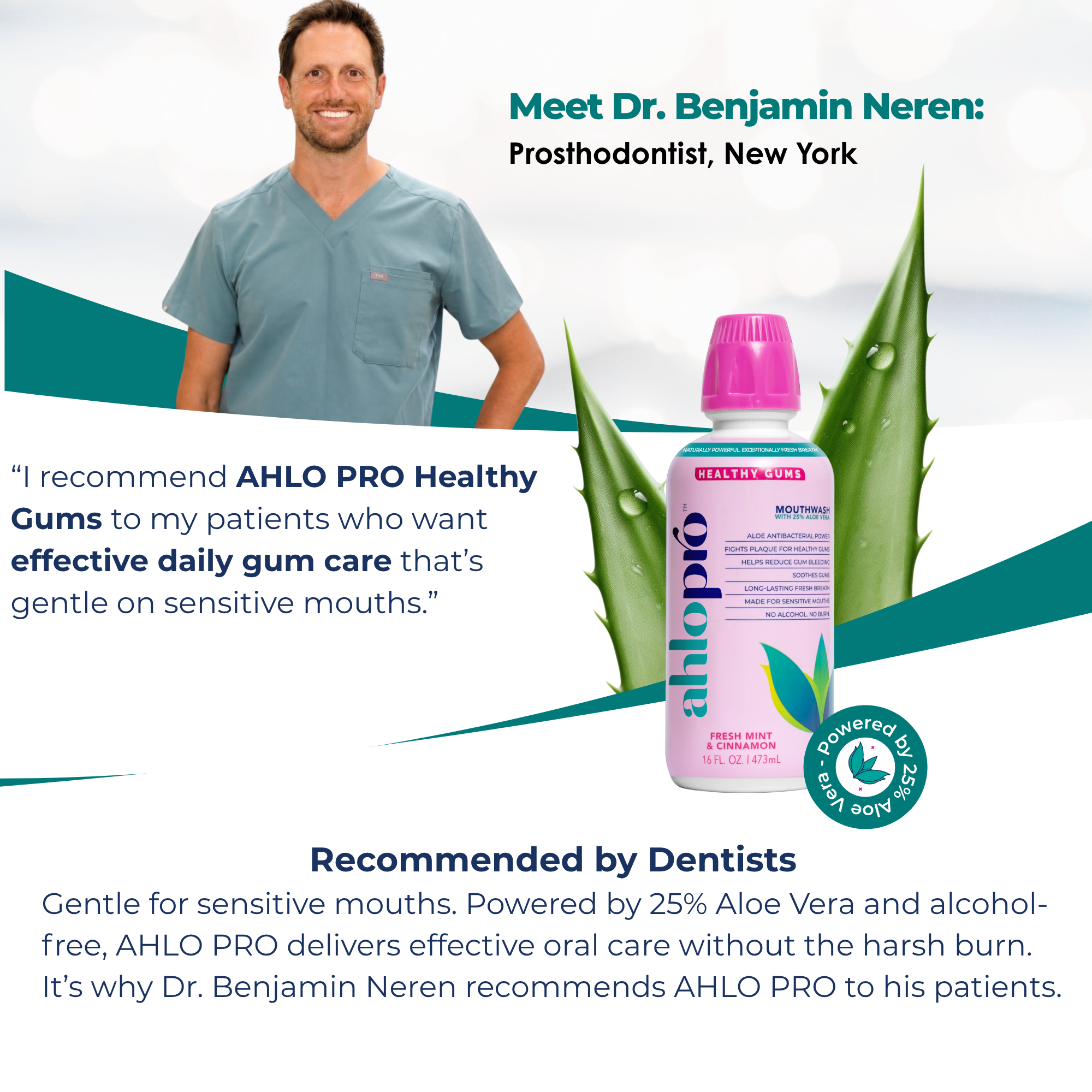 Promotional graphic for AHLO PRO Healthy Gums bottle, featuring a photo of Dr. Benjamin Neren, aloe vera leaves, and text on a white background with teal accents.