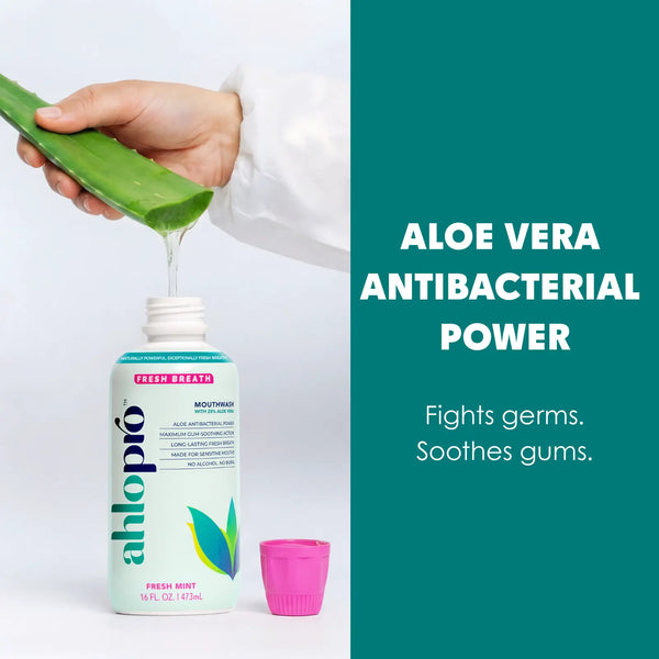 Aloe vera being applied to a bottle of Ahlopo mouthwash with text highlighting aloe vera antibacterial power.