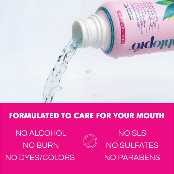 Bottle of mouthwash being poured with a pink banner highlighting benefits on a white background