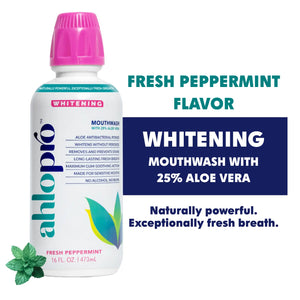 Ahlo Pro whitening mouthwash bottle with text highlighting features on a white background