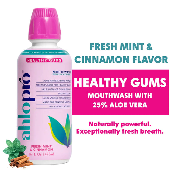 Ahlo Pro mouthwash bottle with pink cap and label on a white background