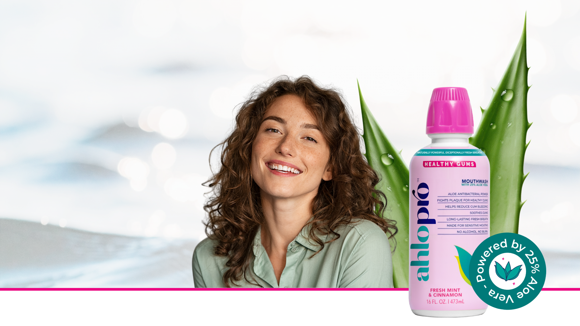 A woman smiling beside a bottle of aloe vera mouthwash, with aloe leaves and a circular 'Powered by 25% Aloe Vera' badge on a bright, light background.