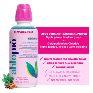 A bottle of aloe vera mouthwash with pink cap and label on a white background