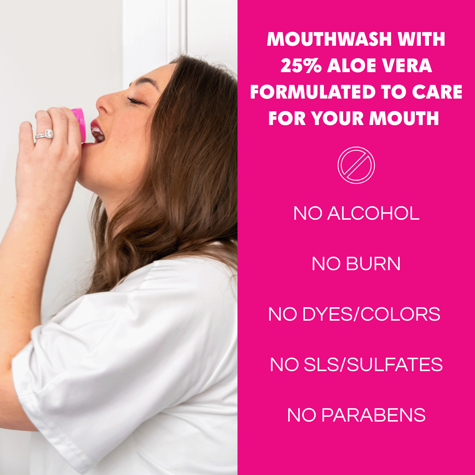 Woman using mouthwash with product details on a pink background