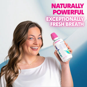 Woman holding a bottle of AHLO PRO mouthwash with text 'Naturally Powerful Exceptionally Fresh Breath' on a gradient background.