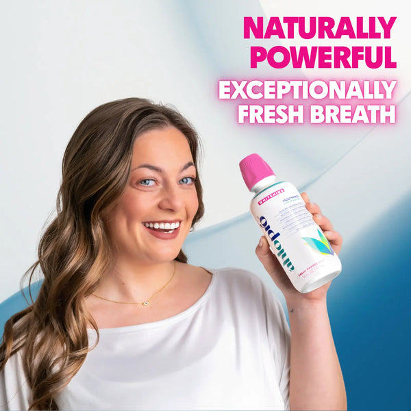 Woman holding a bottle of AHLO PRO mouthwash with text 'Naturally Powerful Exceptionally Fresh Breath' on a gradient background.