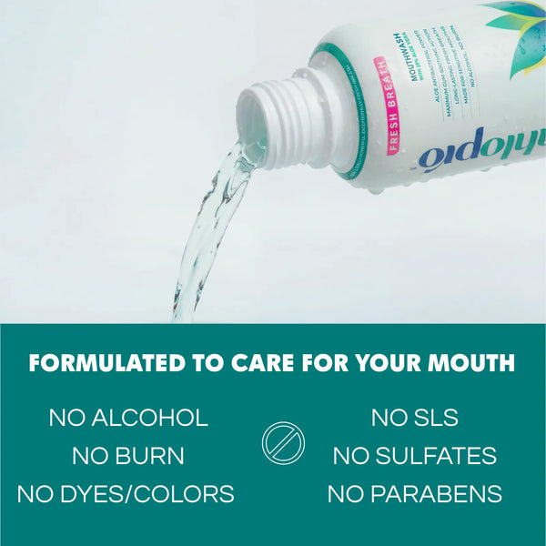 Bottle of mouthwash being poured with text highlighting benefits on a light blue background
