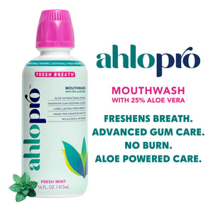 ahlopro mouthwash bottle with product details on a white background