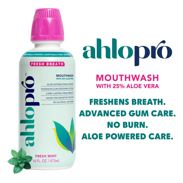 ahlopro mouthwash bottle with product details on a white background