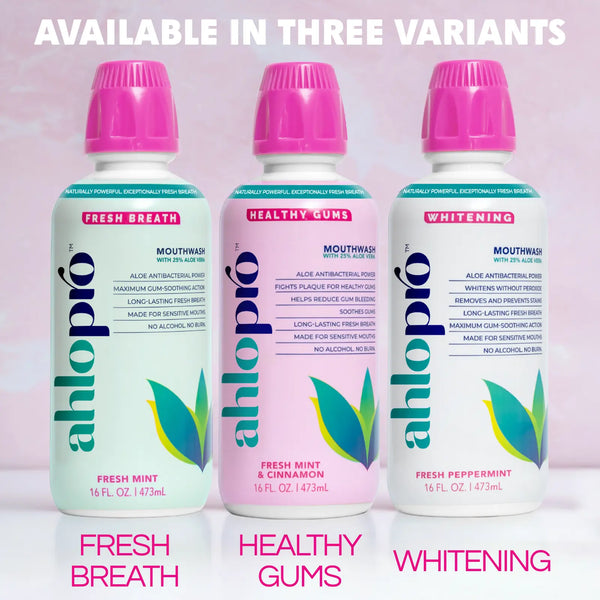 Three bottles of ahlo pro mouthwash with pink caps on a light pink background.