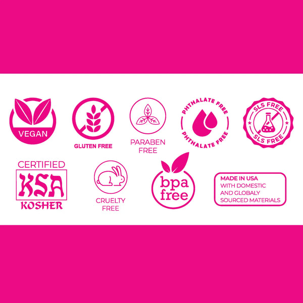 Collection of product safety and certification icons on a pink background