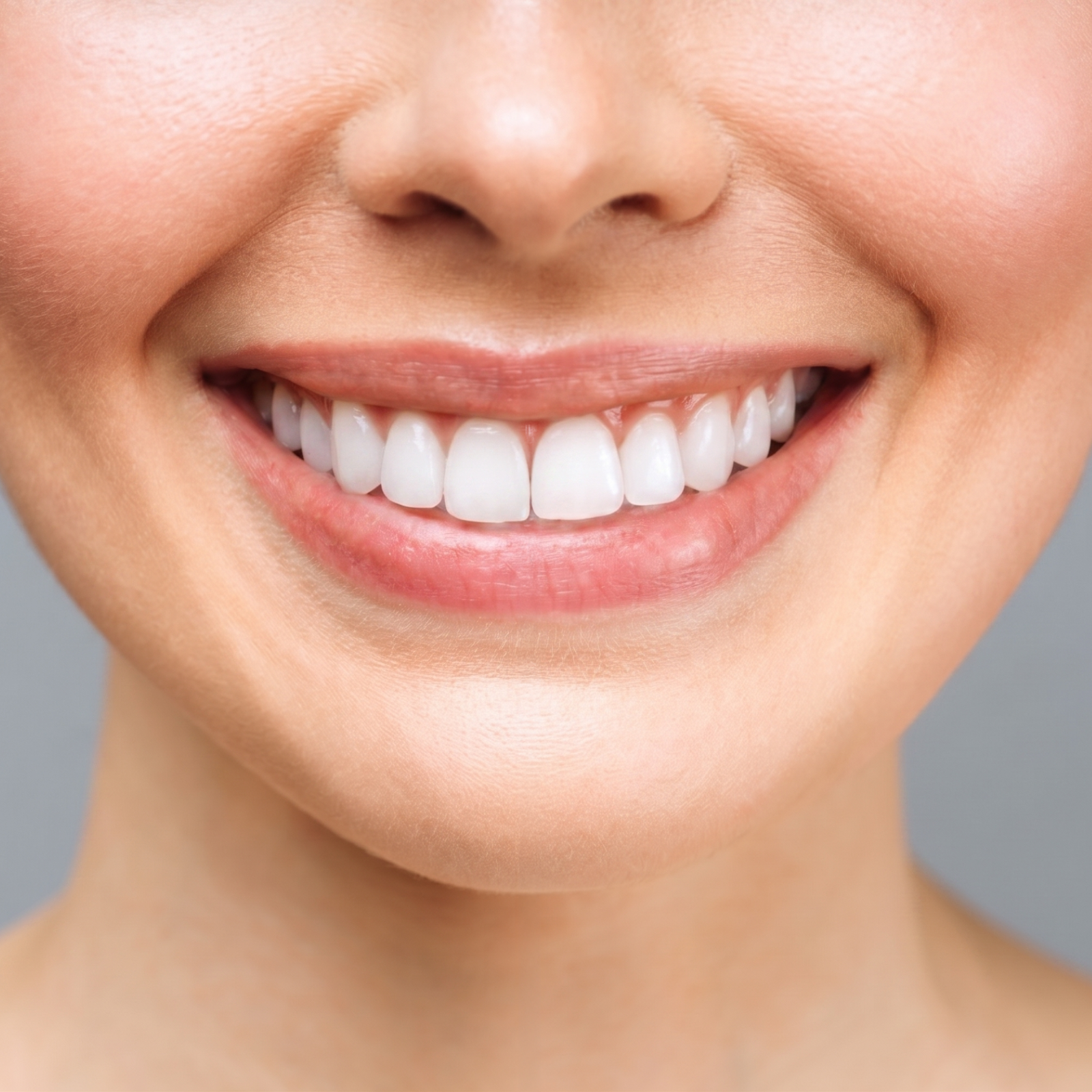 Close-up of a person with a bright smile showing white teeth against a neutral background