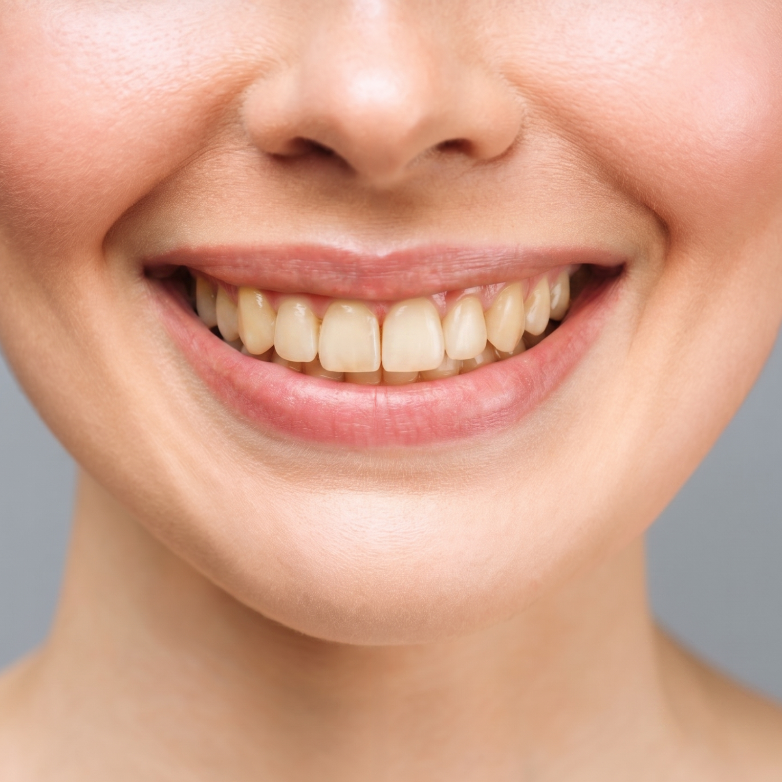 Close-up of a person's face with a smile showing teeth against a gray background