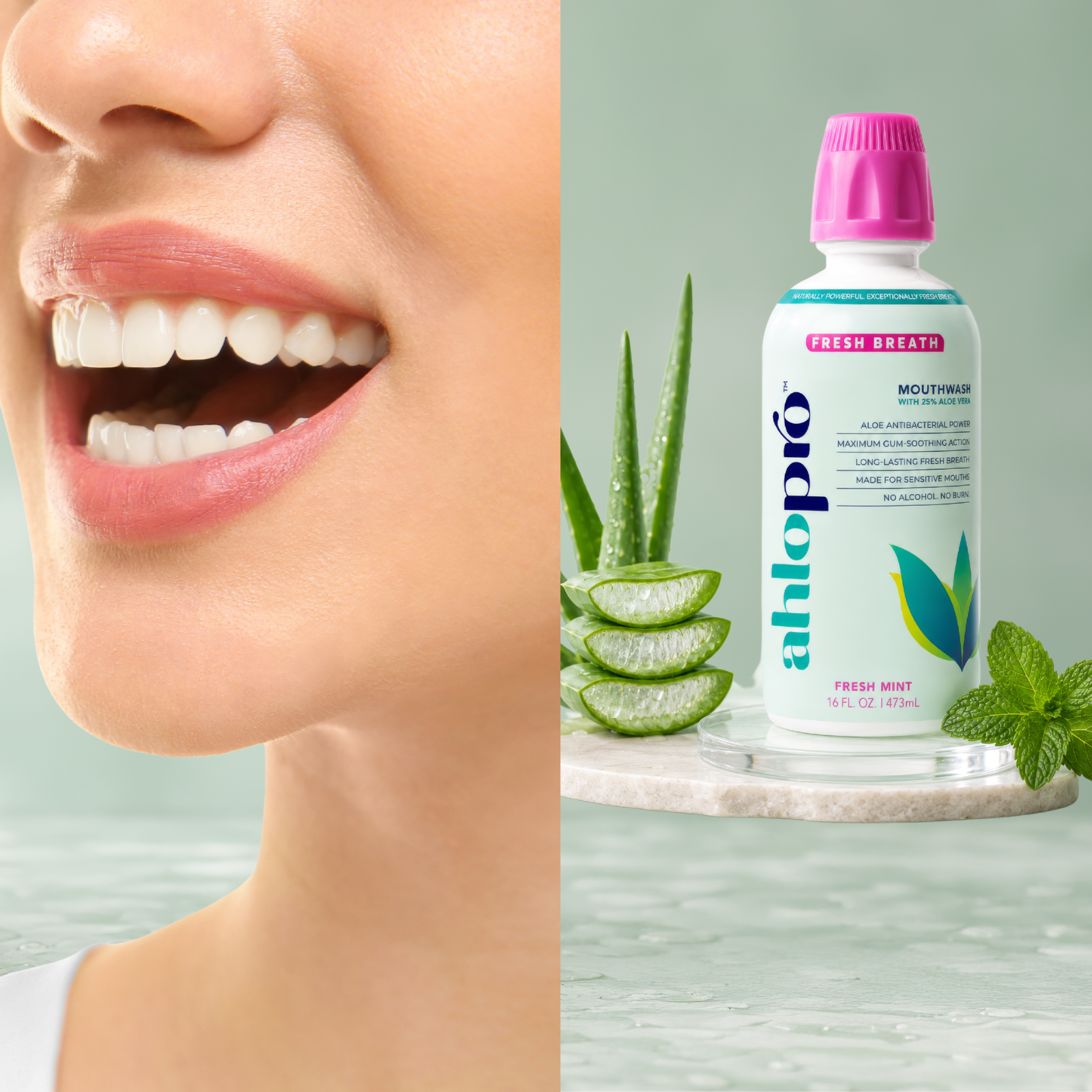 Close-up of a smiling person's mouth with a bottle of ahlopro mouthwash on a light green background.