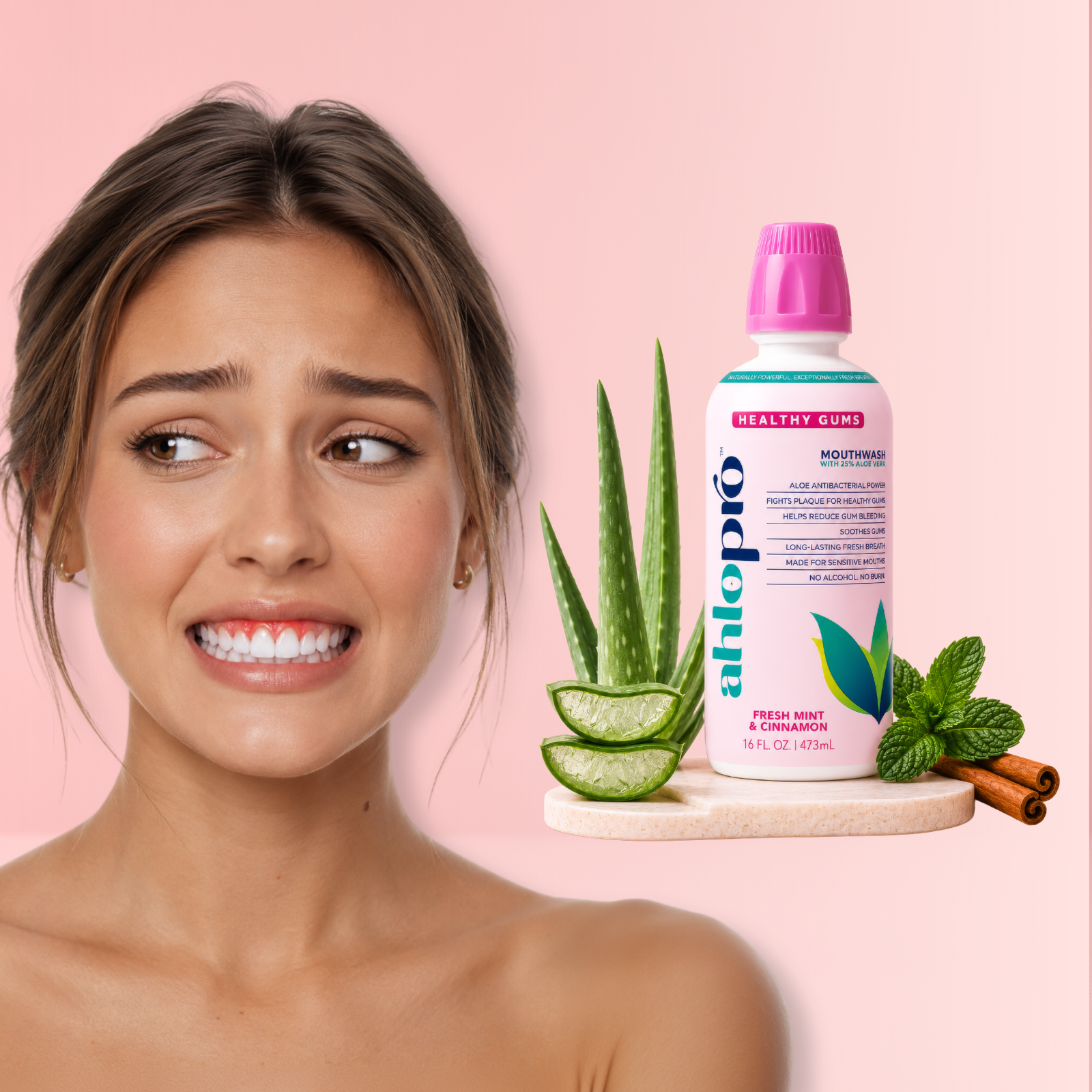 Woman with a surprised expression next to a bottle of aloe pro and mint leaves on a pink background