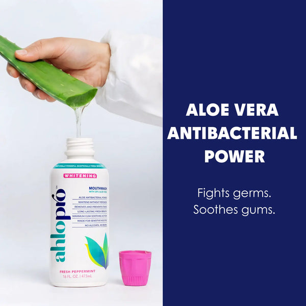 Aloe vera being applied to a bottle with text about aloe vera antibacterial power.